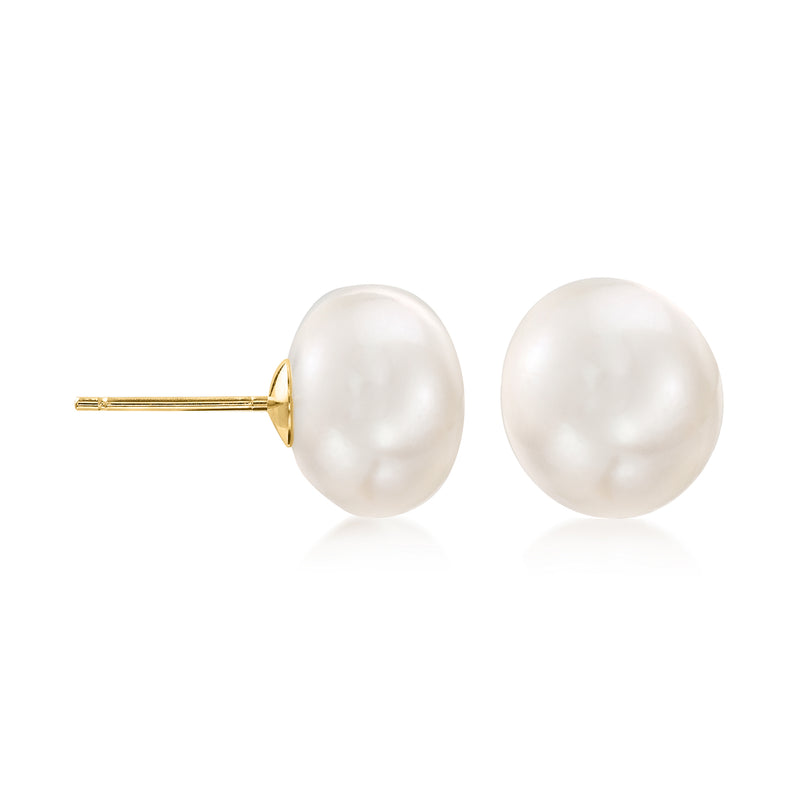 10–11mm cultured pearl stud earrings in 14kt yellow gold, round white pearl studs