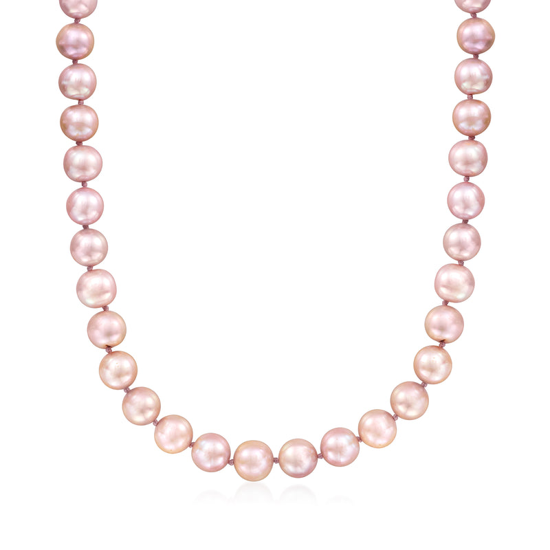 Pink cultured pearl necklace with 14kt yellow gold; round pink beads