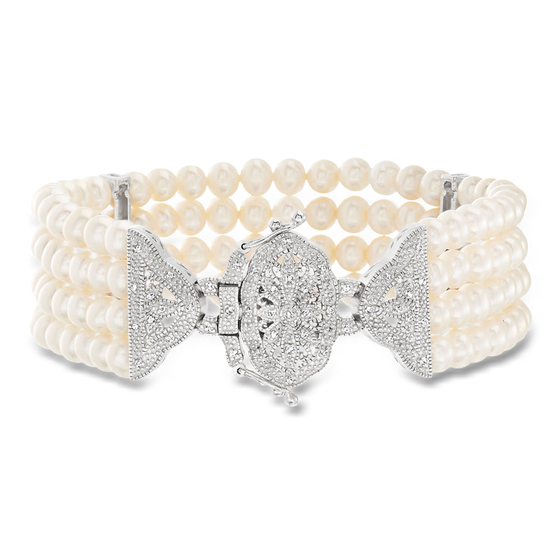 Multi-strand cultured pearl bracelet with diamond sterling silver clasp