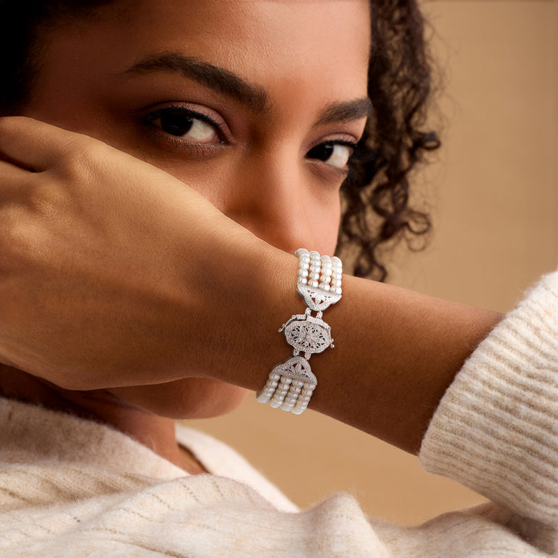 Cultured pearl and diamond multi-strand bracelet in sterling silver