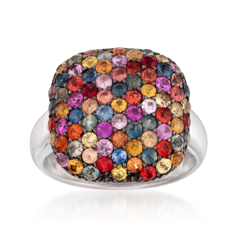 Multicolored sapphire ring with oval gemstone cluster, sterling silver band