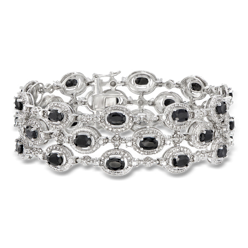 Sterling silver three-row sapphire bracelet with single diamond accents