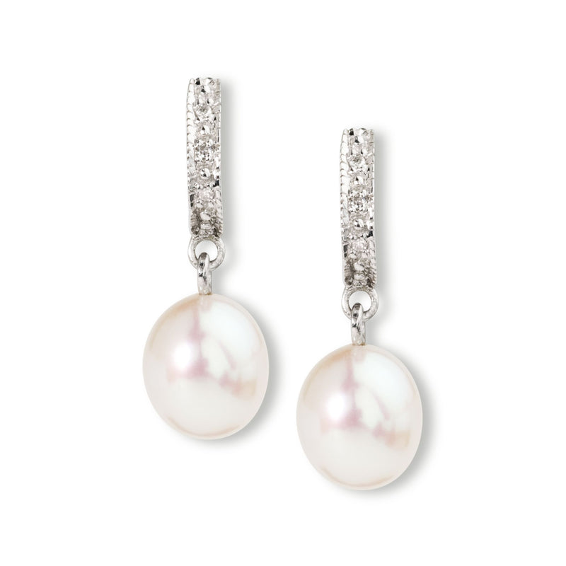 Cultured pearl drop earrings with diamond bars in sterling silver