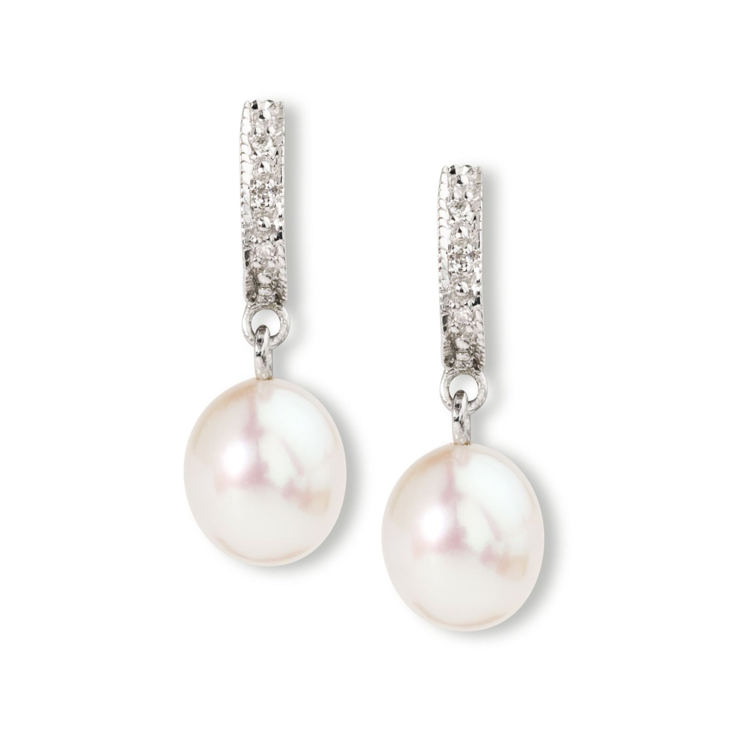 8-9mm Cultured Pearl Drop Earrings with Diamonds in Sterling Silver