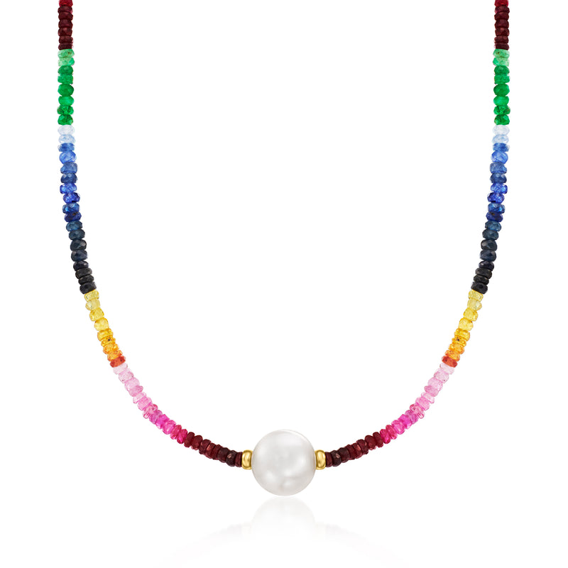 Multicolored sapphire bead necklace with cultured pearl center and yellow gold accents