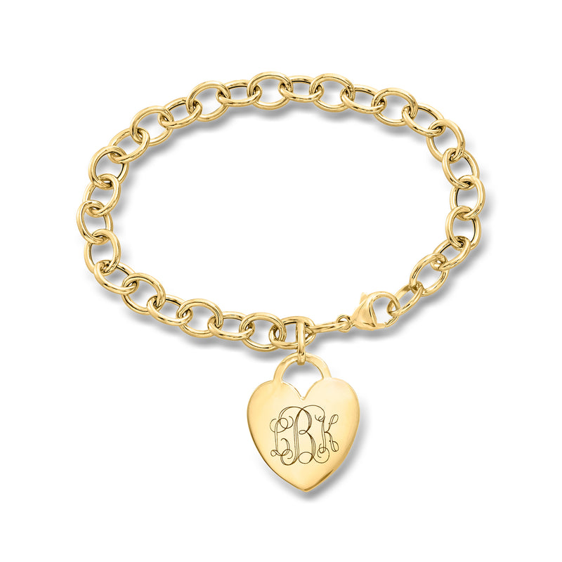 14kt yellow gold heart charm bracelet with engraved initials on round heart pendant