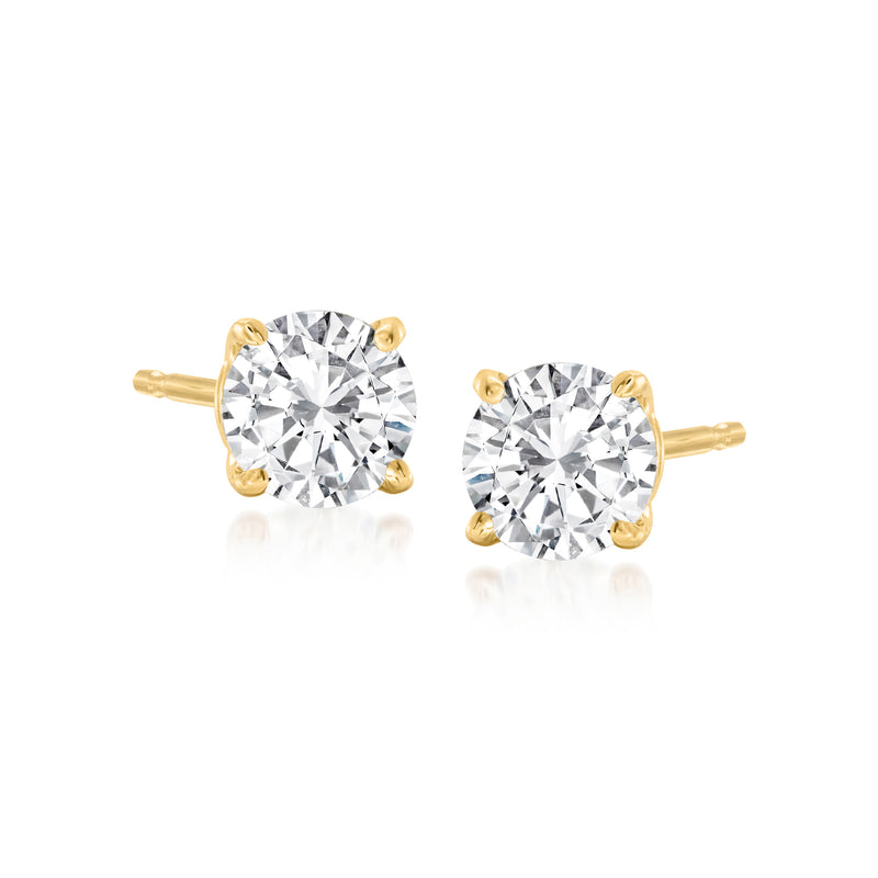 Round diamond stud earrings in 14kt yellow gold with two-prong settings