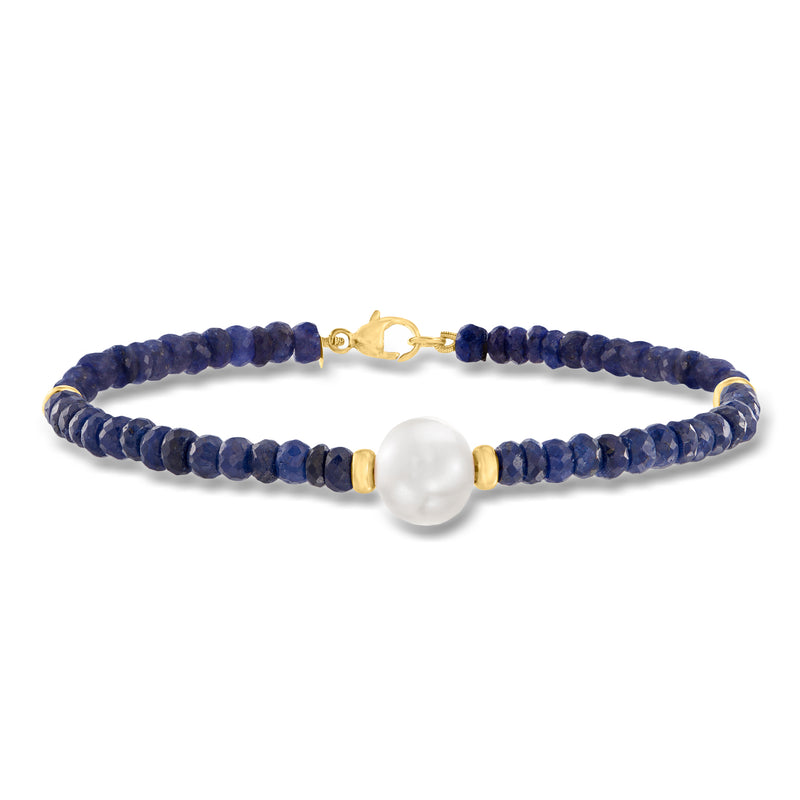 Cultured pearl and sapphire bead bracelet with 14kt yellow gold clasp and navy beads