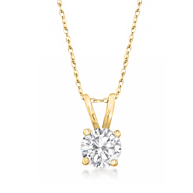 14kt yellow gold diamond solitaire necklace with round brilliant center stone, prong set