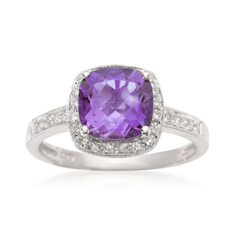 14kt white gold ring with cushion-cut amethyst center and diamond halo