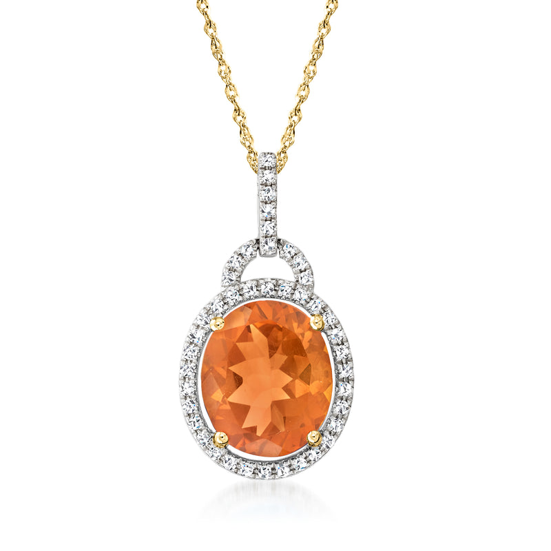 14kt yellow gold citrine pendant necklace with oval citrine center and diamond halo