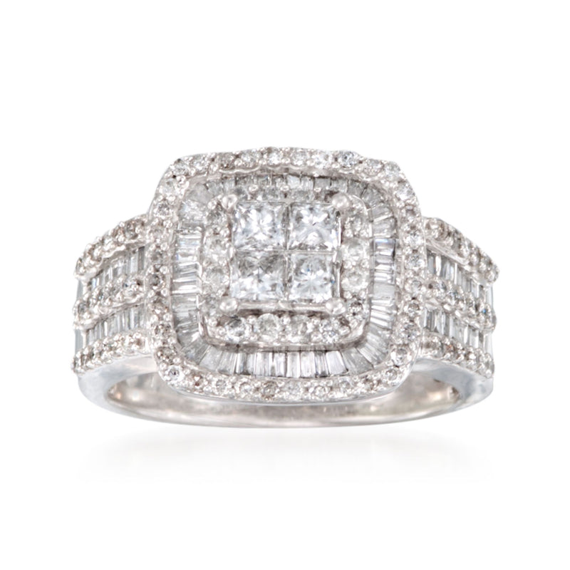 14kt white gold diamond ring with emerald-cut center and baguette side stones