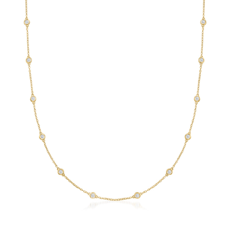 14kt yellow gold diamond station necklace with bezel-set round diamonds