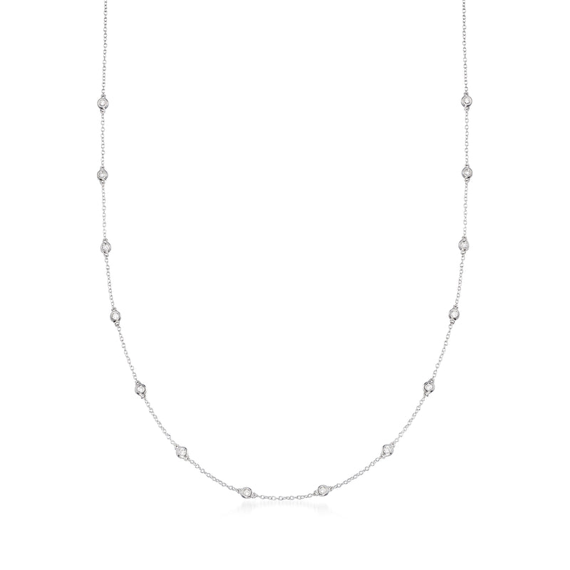 14kt white gold diamond station necklace with bezel-set round diamonds, linked chain