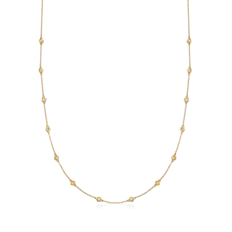 14kt yellow gold diamond station necklace with small bezel-set stones on round links