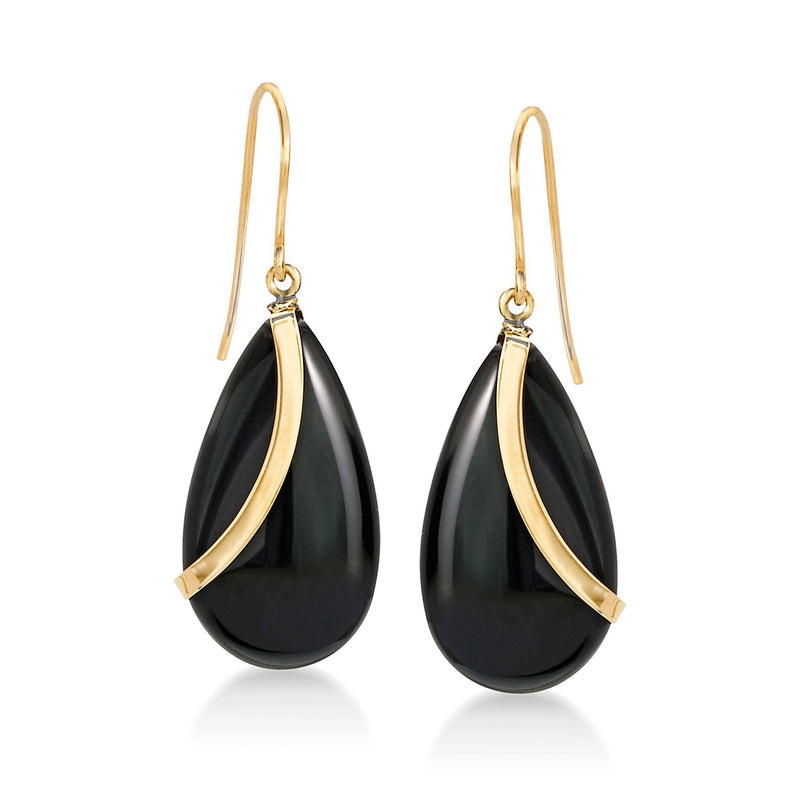14kt yellow gold teardrop earrings with black onyx, drop earwire style