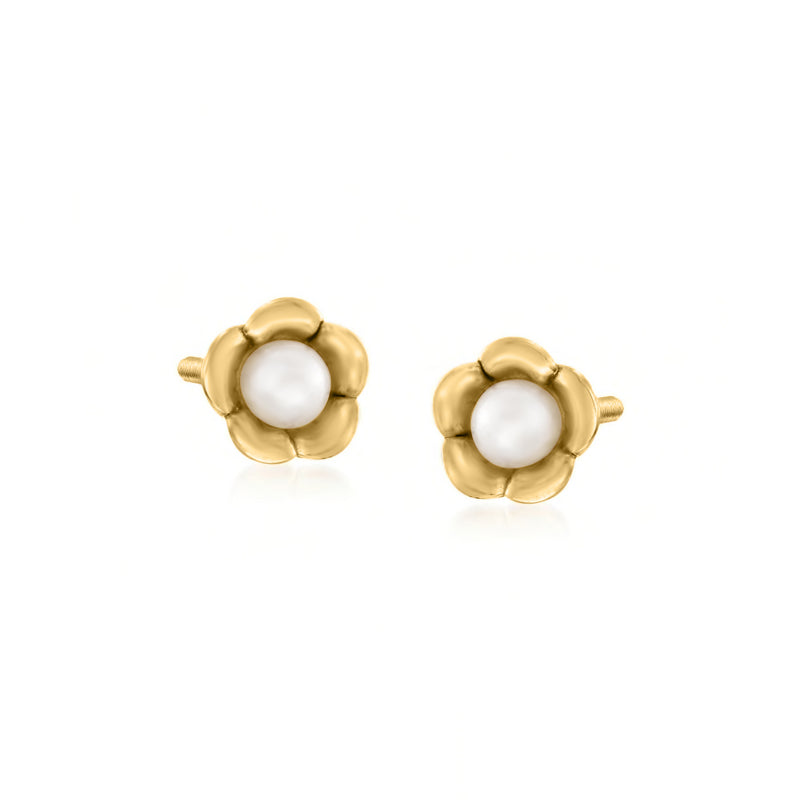 Cultured pearl flower stud earrings, 14kt yellow gold with round white pearl tops