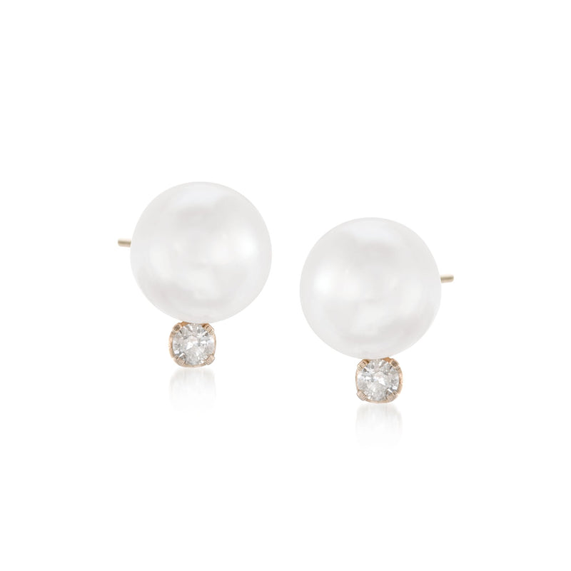 Cultured Akoya pearl stud earrings with diamond drops, 14kt yellow gold settings.