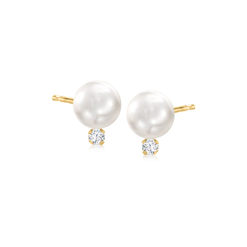 Cultured Akoya pearl & diamond stud earrings, round white pearls, 14kt yellow gold