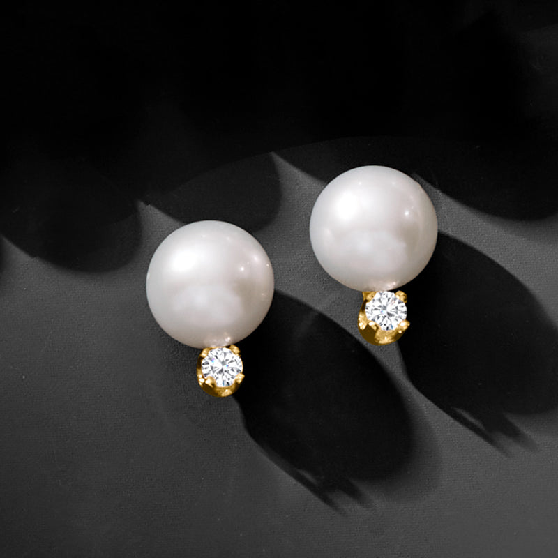 Cultured Akoya pearl & diamond stud earrings, white pearls with round gold-set diamonds