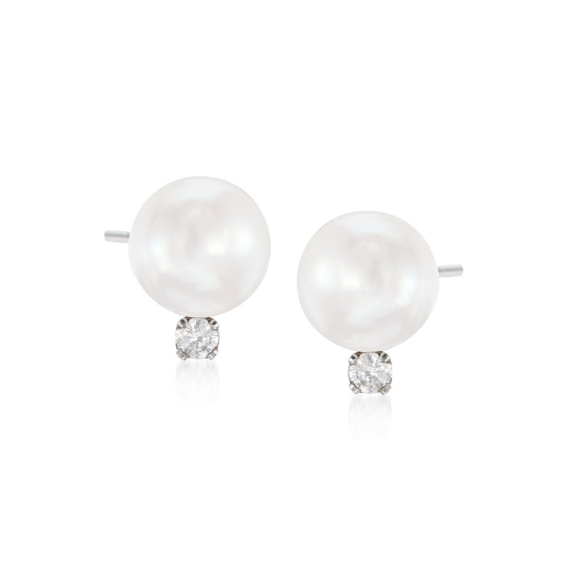 Cultured Akoya pearl and diamond stud earrings in 14kt white gold, round pearls