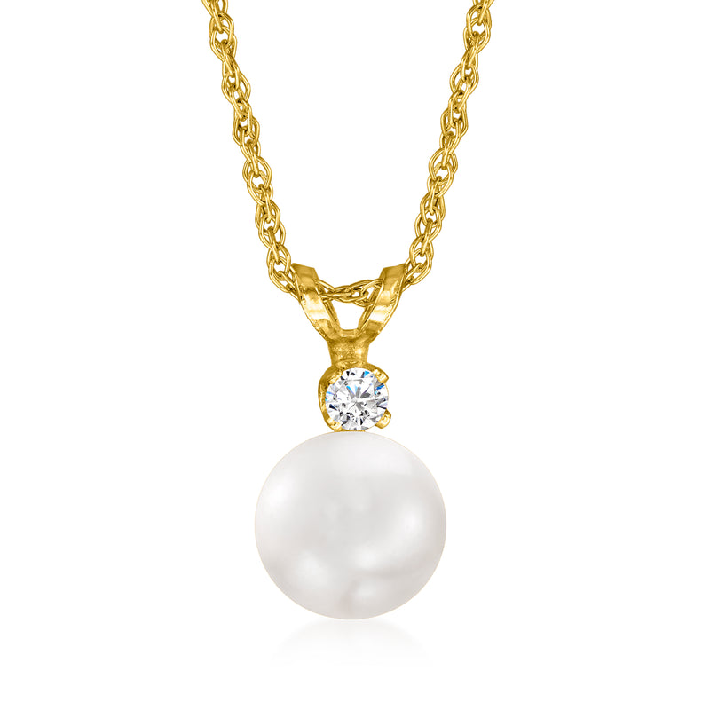 Cultured Akoya pearl pendant necklace in 14kt yellow gold with single diamond cap