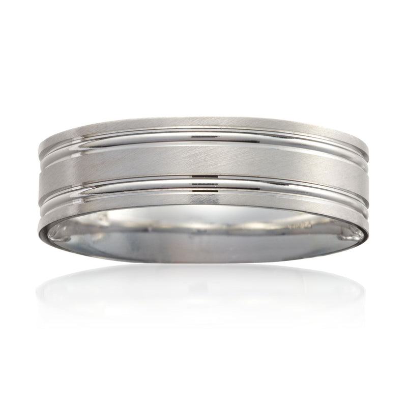 Men's 14k white gold wedding ring with twin polished grooves, brushed finish