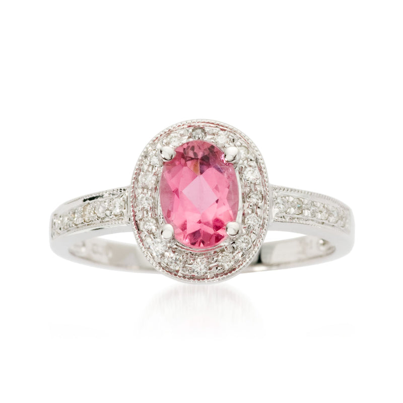 14kt white gold pink tourmaline diamond halo ring with oval center stone