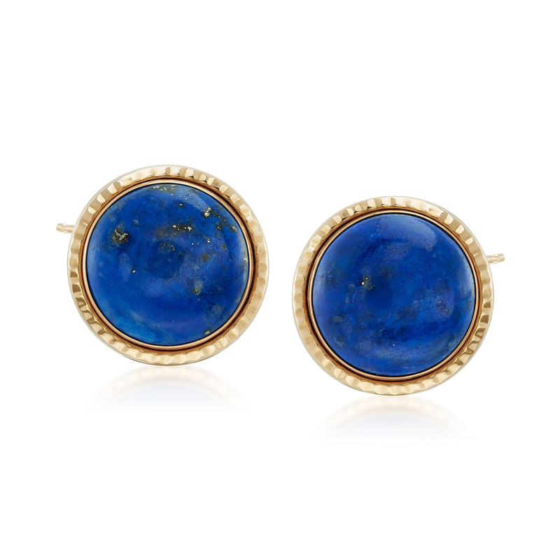 Round lapis cabochon post earrings in 14kt yellow gold rope bezel