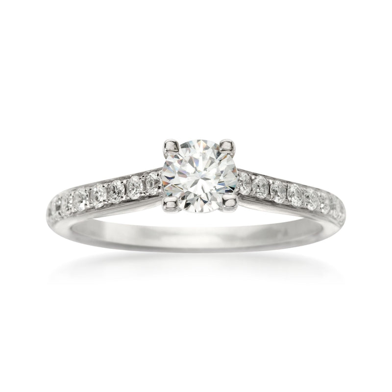 18kt white gold diamond engagement ring setting with round center stone and pavé band
