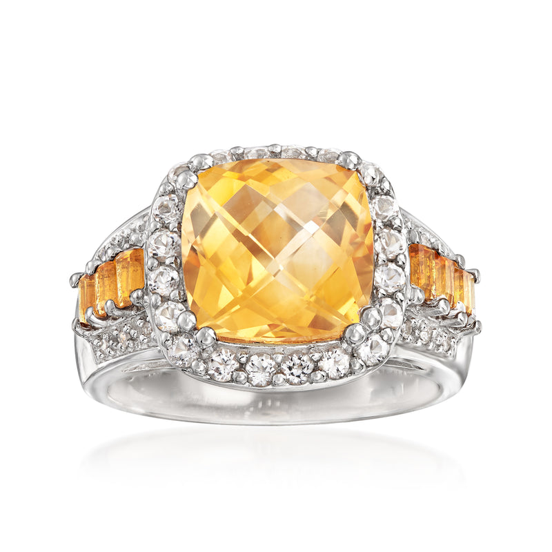 Sterling silver ring with cushion-cut citrine and white stone halo accents