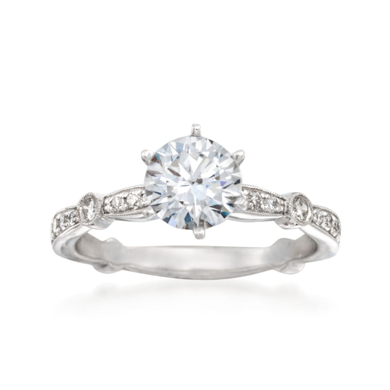 18kt white gold diamond engagement ring setting with round center stone and pave sides