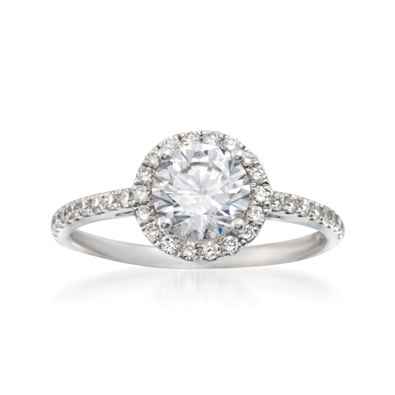18kt white gold diamond halo engagement ring setting with round center stone and side accents