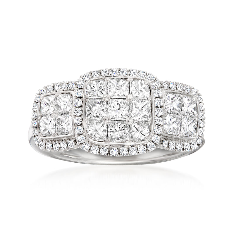 18kt white gold diamond ring with square center stone and side halo diamonds