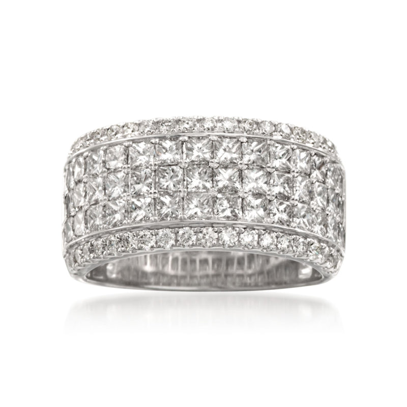 18k white gold diamond band ring with princess-cut and round stones