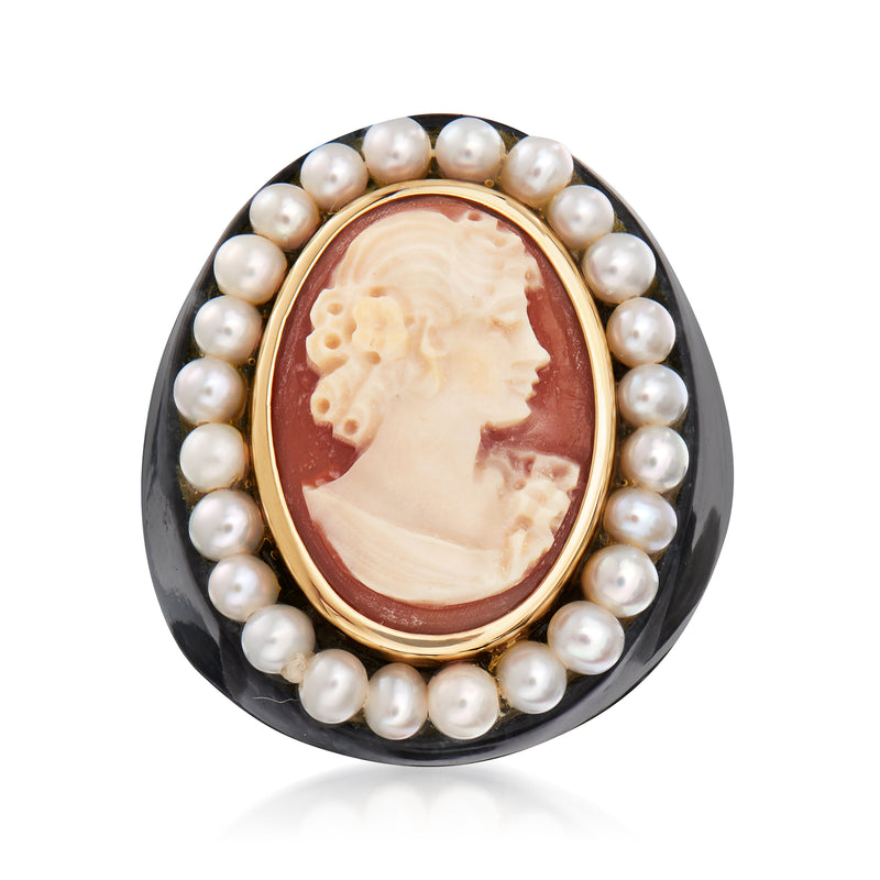 Gold cameo ring with oval shell cameo, ring of white cultured pearls, dark jade band