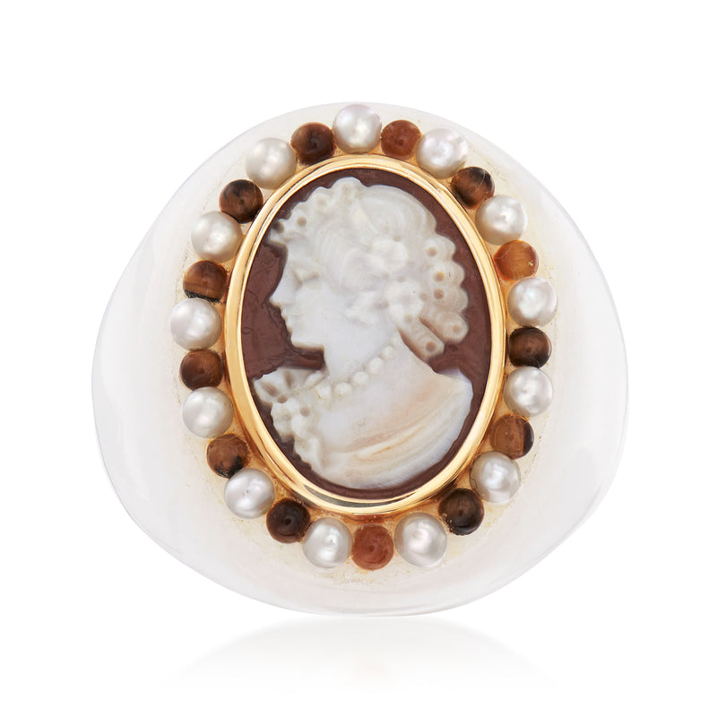 Shell cameo ring with cultured pearls and tiger's eye bead halo, gold-tone bezel