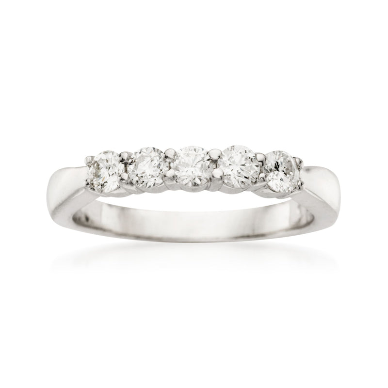 14kt white gold 5-stone diamond wedding band with oval-cut stones, polished shank