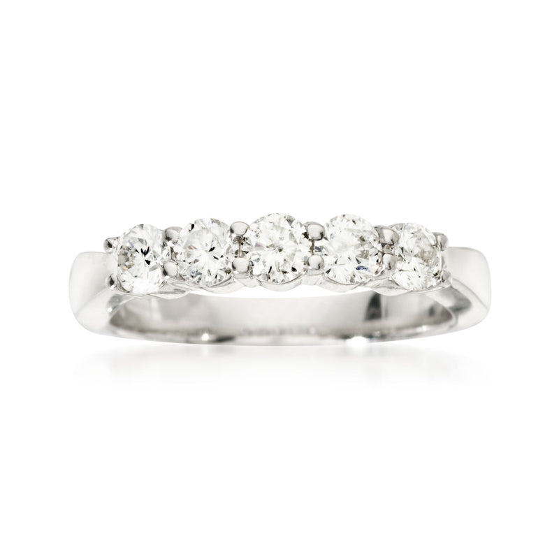 14kt white gold five-stone diamond wedding band with round stones across the top