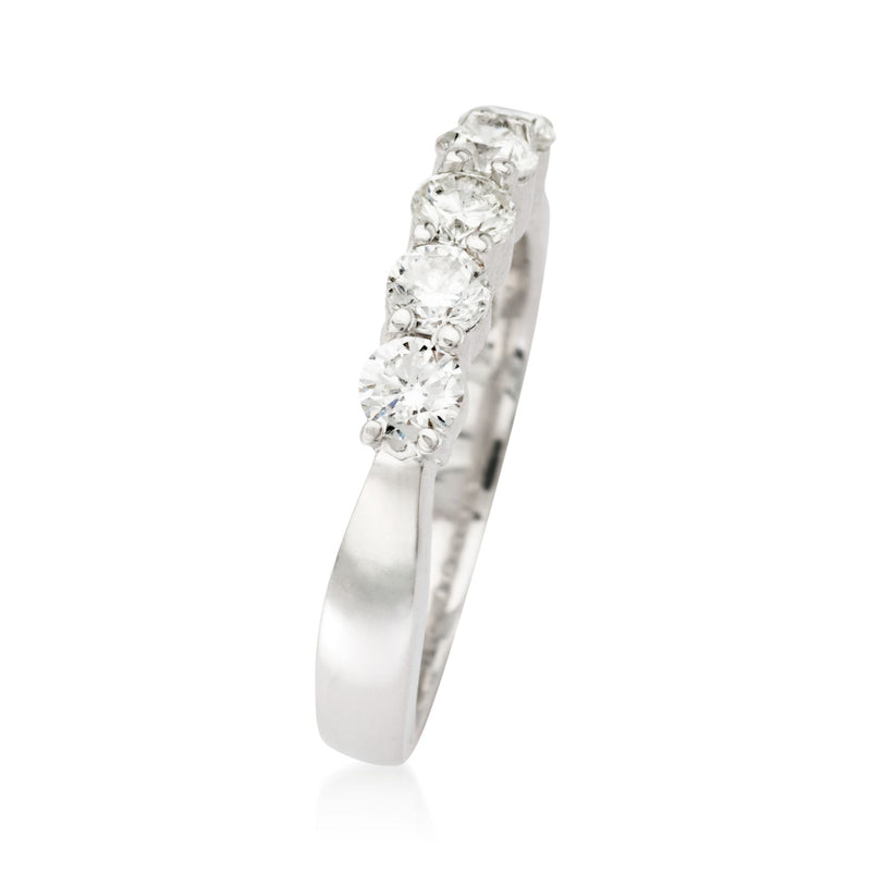 Side view of 14kt white gold five-stone diamond band with raised round center stones