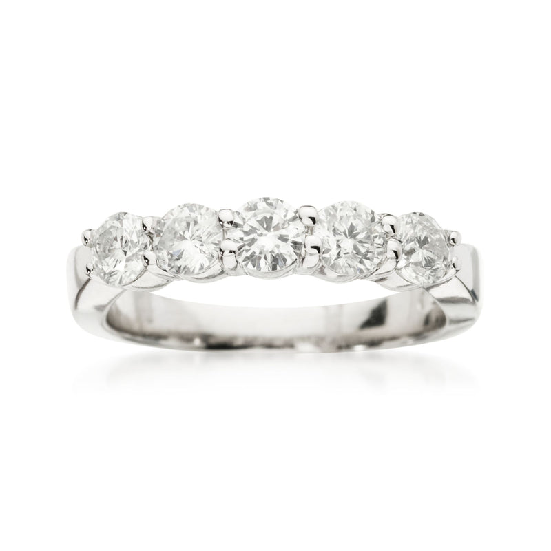 14k white gold five-stone diamond wedding band with polished metal and round stones