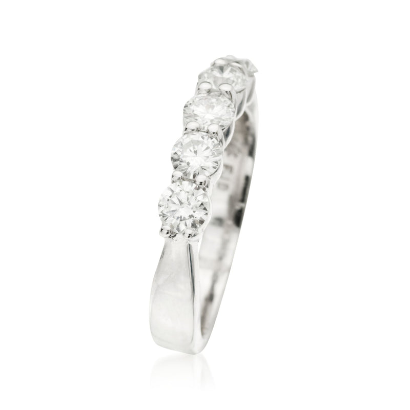 14k white gold five-stone diamond wedding band, side profile with round stones