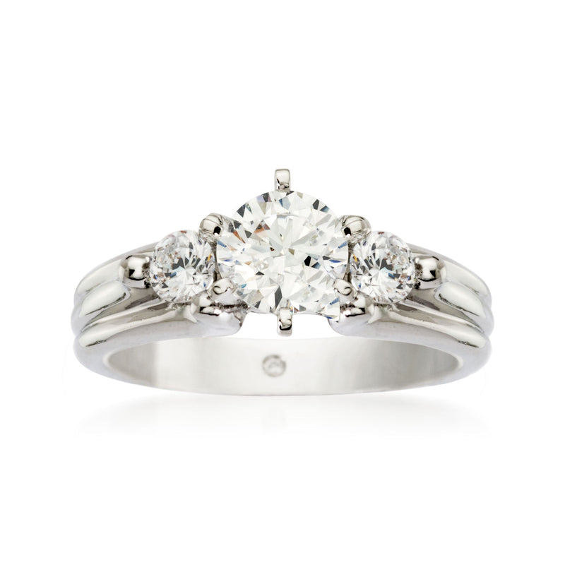 14kt white gold diamond engagement ring setting with three round stones