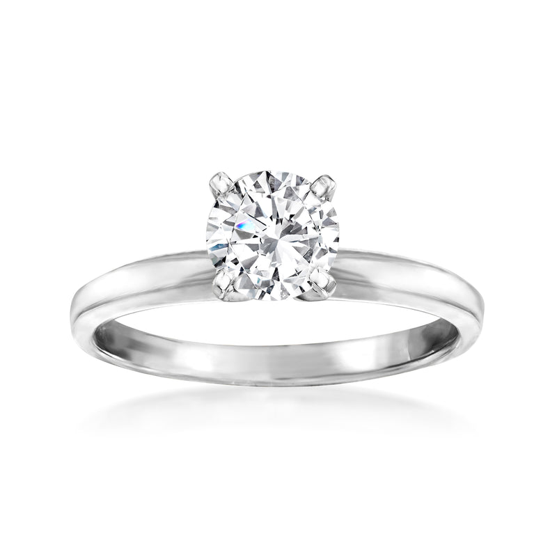 14kt white gold diamond solitaire ring with round center stone, four-prong setting