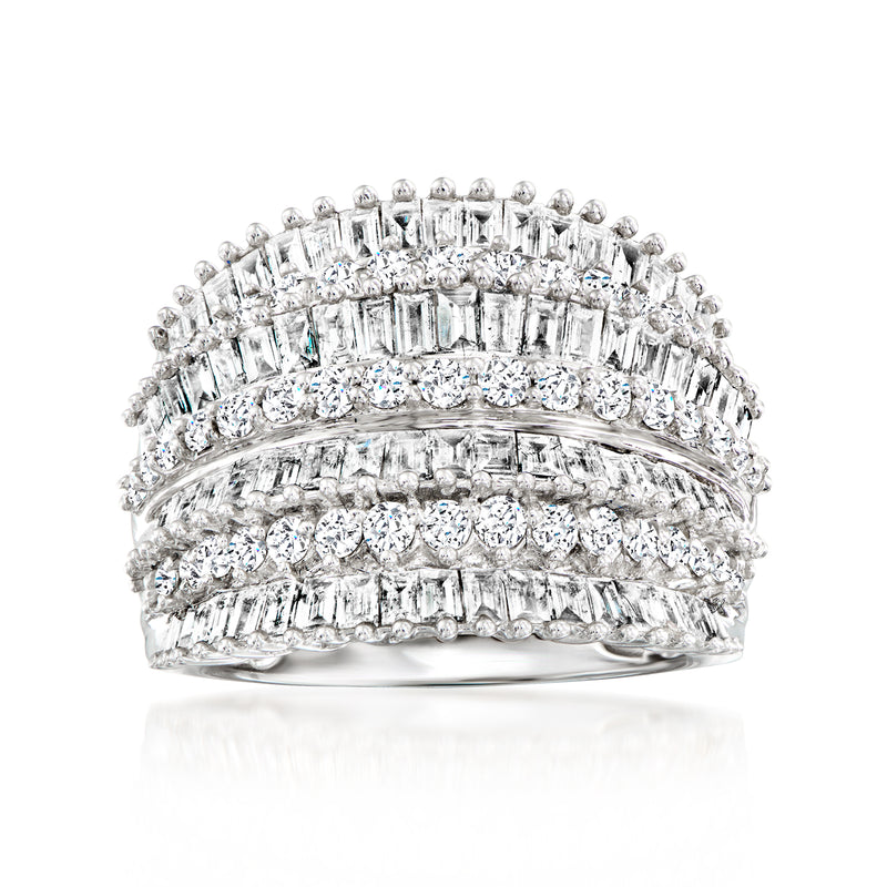 14kt white gold diamond multi-row ring with baguette and round stones