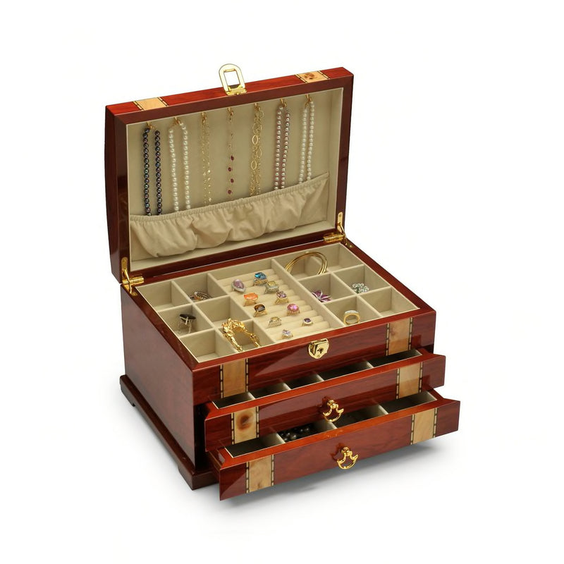 Burlwood jewelry box with open lid and divided compartments for necklaces and rings