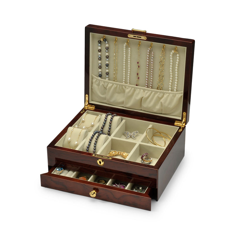 Handcrafted wooden jewelry box with hinged lid, velvet compartments, and drawer for rings