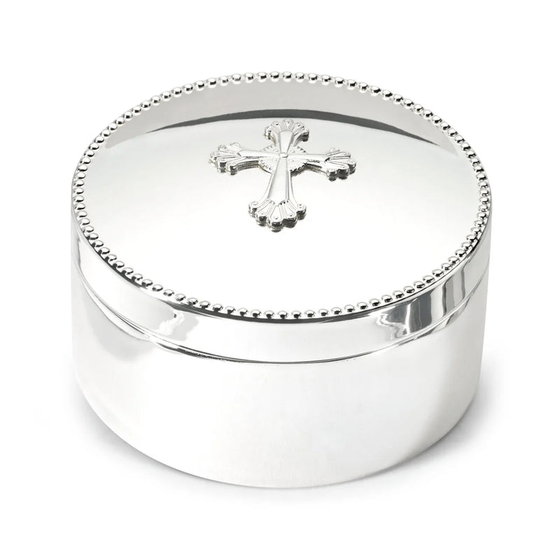Silver rosary box with beaded rim and engraved cross on the lid