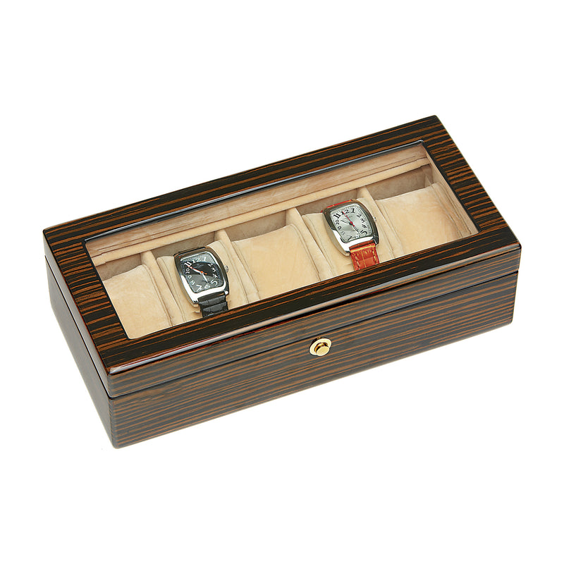 Dark wood watch box with glass-lid interior, holds two watches on cream cushions