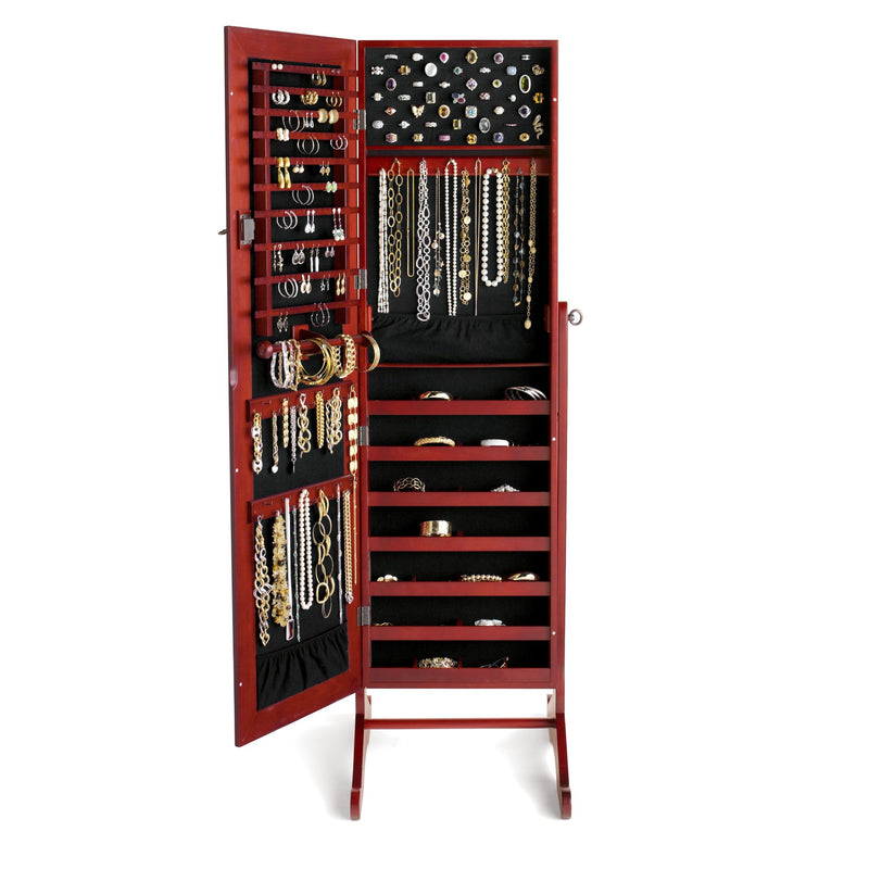 Cherry-finish mirror jewelry organizer cabinet, open with hooks, chains, and drawer slots